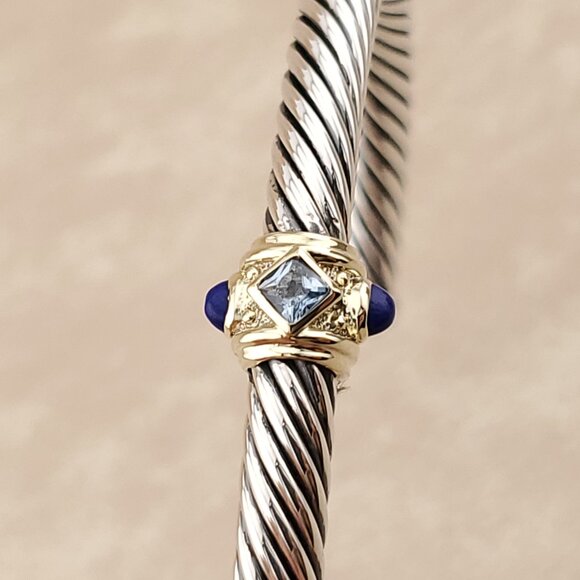 David Yurman Cable Bracelet in Sterling Silver  & 14K Gold w Blue Topaz & Lazuli - Picture 8 of 8
